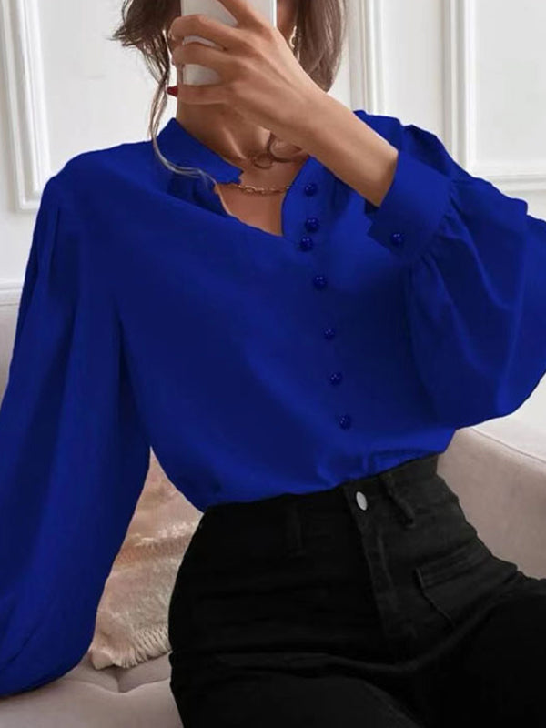 Pleated Solid Color Split-Joint Loose Puff Sleeves Stand Collar Blouses