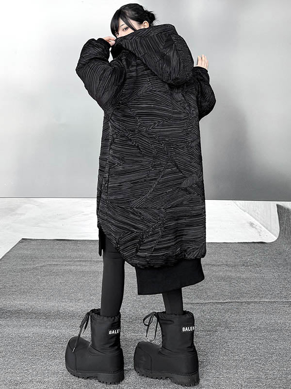 Abstract Printed Contrast Color Split-Joint Zipper High-Low Irregularity Hooded Overcoat Outerwear