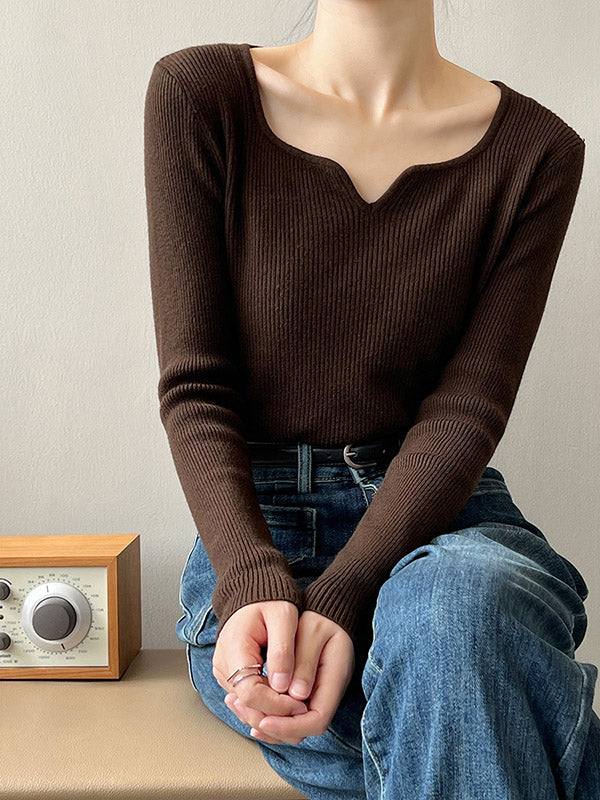 Urban Skinny Long Sleeves Elasticity Solid Color V-Neck Sweater Tops Pullovers