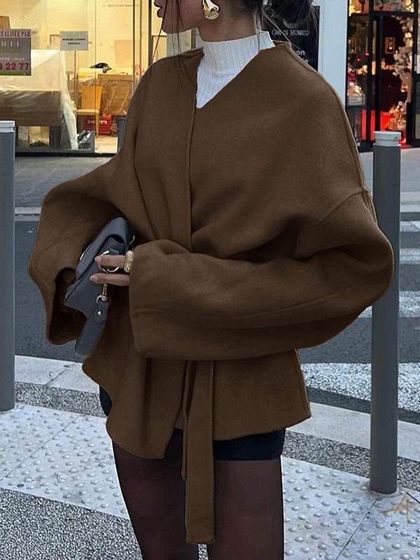 Solid Color Tied Waist Long Sleeves Loose V-Neck Outerwear