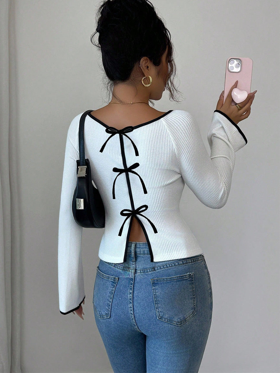 Contrast Color Ribbed Knit Split-Joint Long Sleeves Round-Neck Blouses&Shirts Tops