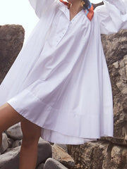 Buttoned Solid Color Long Sleeves Loose Stand Collar Shirt Dress Mini Dresses