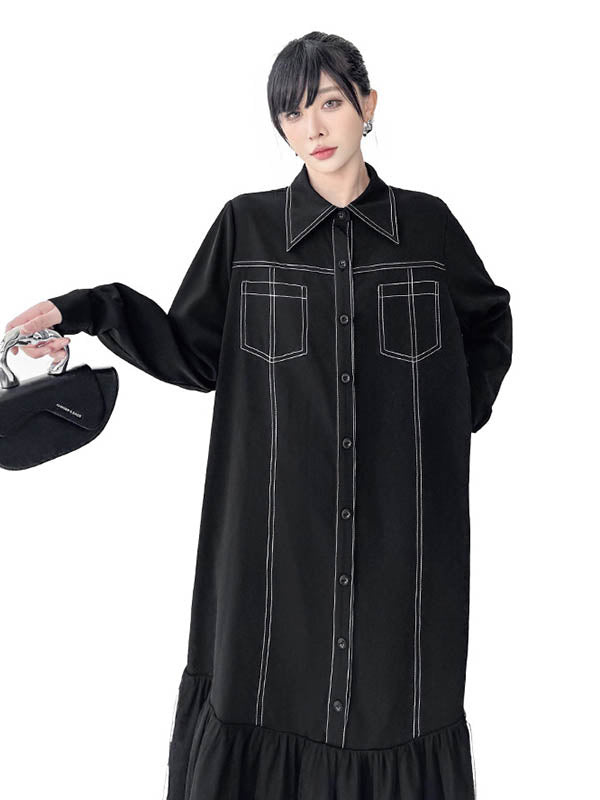 Asymmetric Buttoned Line Solid Color Split-Joint Irregularity Long Sleeves Lapel Shirt Dress Midi Dresses