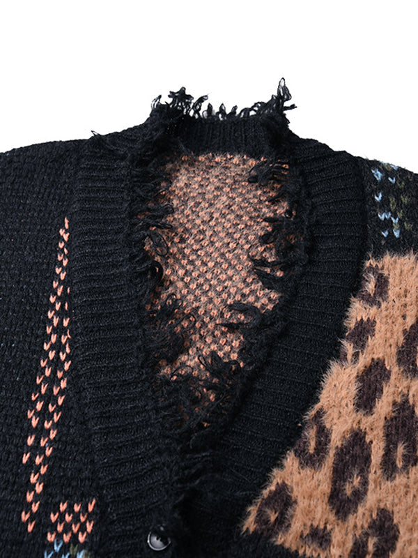 Asymmetric Buttoned Contrast Color Leopard Pockets Split-Joint Hipster Long Sleeves V-Neck Cardigan Tops