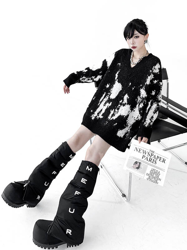 Abstract Printed Contrast Color Ribs Split-Joint Long Sleeves Loose V-Neck Sweater Tops