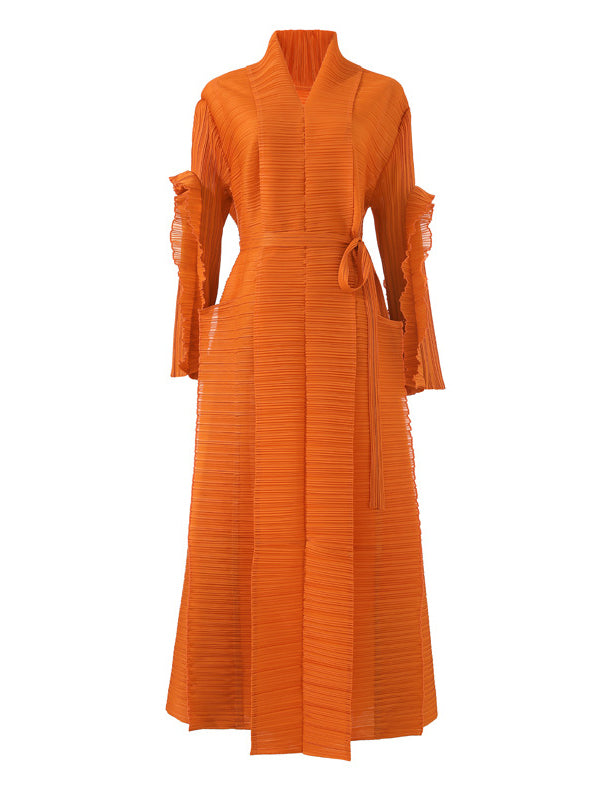 Casual Long Sleeves Loose Tied Pleated Stand Collar Midi Dresses