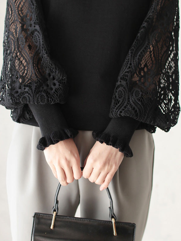 Original Loose Hollow Lace Round-Neck Long Puff Sleeves Sweater Pullovers