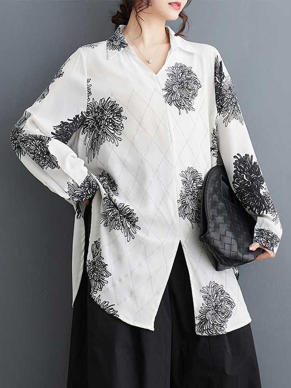 Buttoned Flower Print Pleated Split-front Long Sleeves Loose Lapel Blouses&shirts Tops