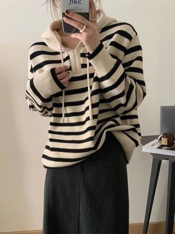 Contrast Color Drawstring Velvet Hooded Long Sleeves V-Neck Sweater Tops Pullovers