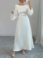 Solid Color Tied Zipper A-Line Flared Sleeves Round-Neck Maxi Dresses