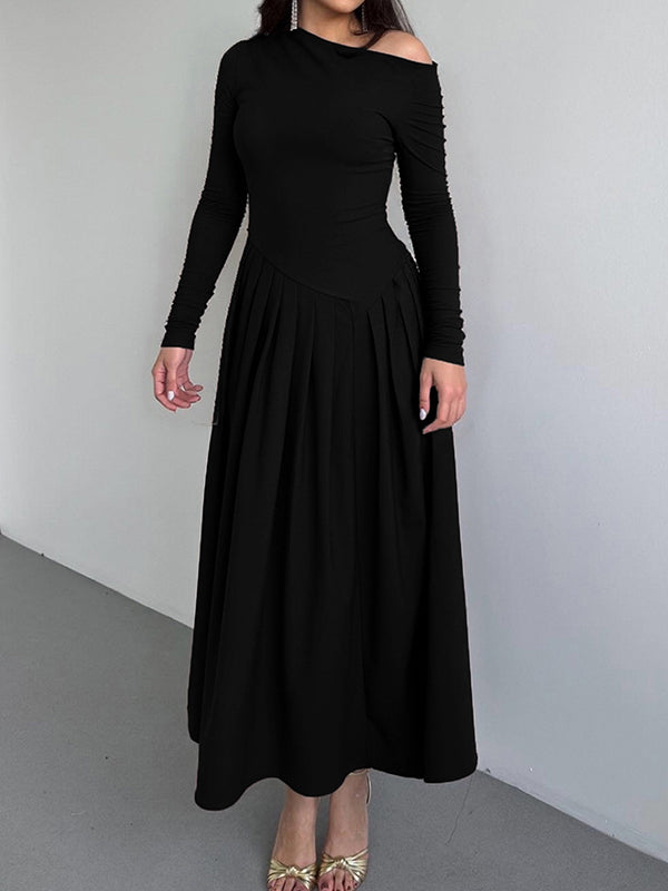 Asymmetric Pleated Solid Color Split-Joint A-Line Bodycon One-Shoulder Maxi Dresses