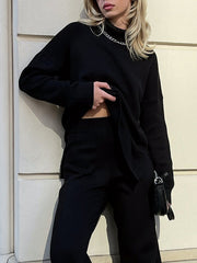 Casual Loose Long Sleeves Split-Side Solid Color High-Neck Sweater Tops
