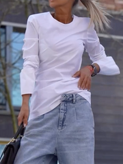 Solid Color Long Sleeves Loose Round-neck T-Shirts Tops
