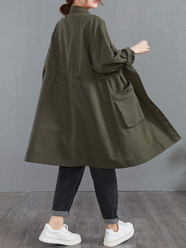 Casual Loose Solid Color Buttoned Lapel Collar Long Sleeves Trench Coat