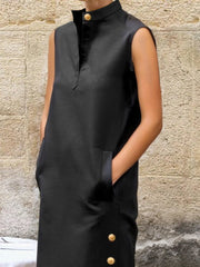 Buttoned Solid Color Split-Side Sleeveless Stand Collar Shirt Dress Maxi Dresses