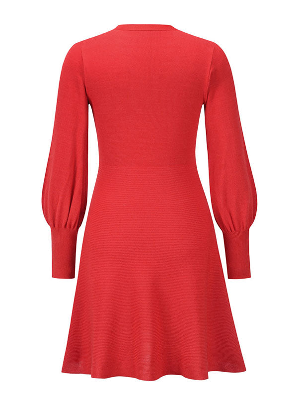 Solid Color Puff Sleeves Wrap Round-Neck Sweater Dress