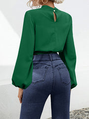 Elasticity Hollow Knot Pleated Ruffled Long Sleeves Puff Sleeves Mock Neck Blouses&Shirts Tops