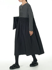 Contrast Color Elasticity Pleated Polka-Dot Split-Joint Long Sleeves Loose Round-Neck Midi Dresses
