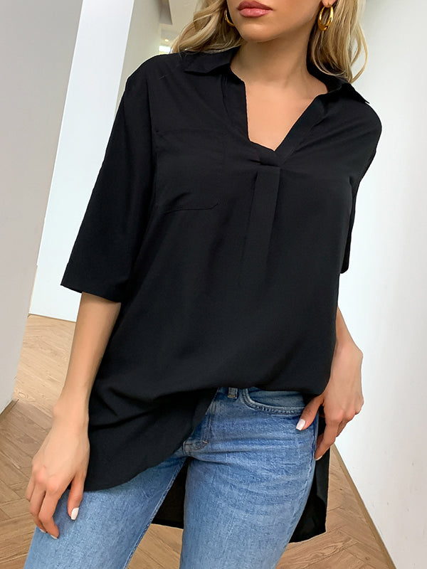 Pleated Solid Color Split-Joint Split-Side Half Sleeves Loose Lapel Blouses&Shirts Tops