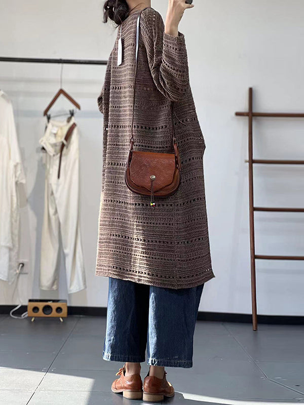 Hollow Solid Color Split-front Long Sleeves Loose Round-neck Sweater Tops