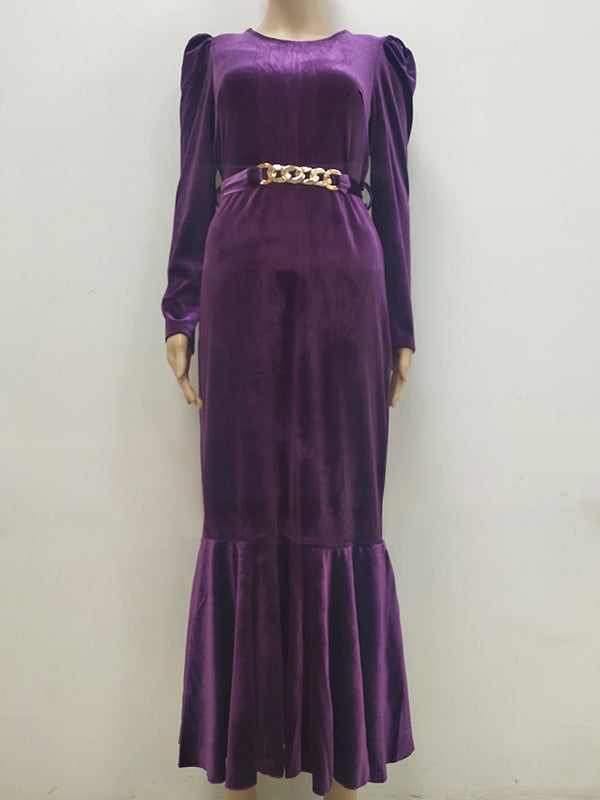 Belted Solid Color Zipper Mermaid Wrap Round-Neck Midi Dresses
