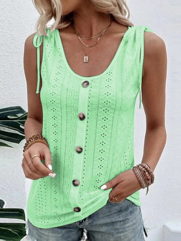 Buttoned Hollow Pleated Split-Joint Tied Loose Plus Size U-neck Vest Top