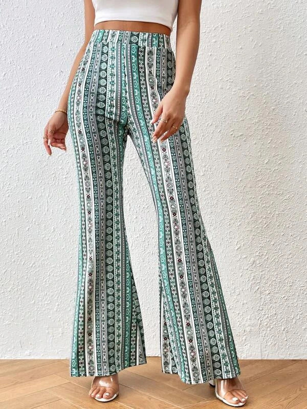 Elasticity Printed Split-Joint High Waisted Skinny Pants Flared Trousers