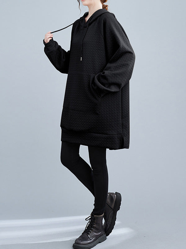 Buttoned Drawstring Pockets Solid Color Split-side High-low Long Sleeves Hooded Hoodies Tops