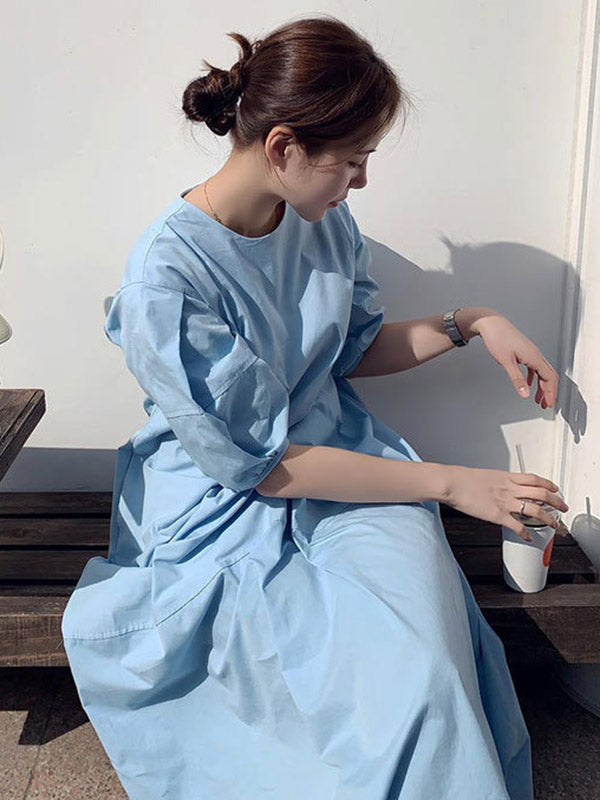 Casual Round-Neck Bishop Sleeve Loose Solid Color Midi Dress
