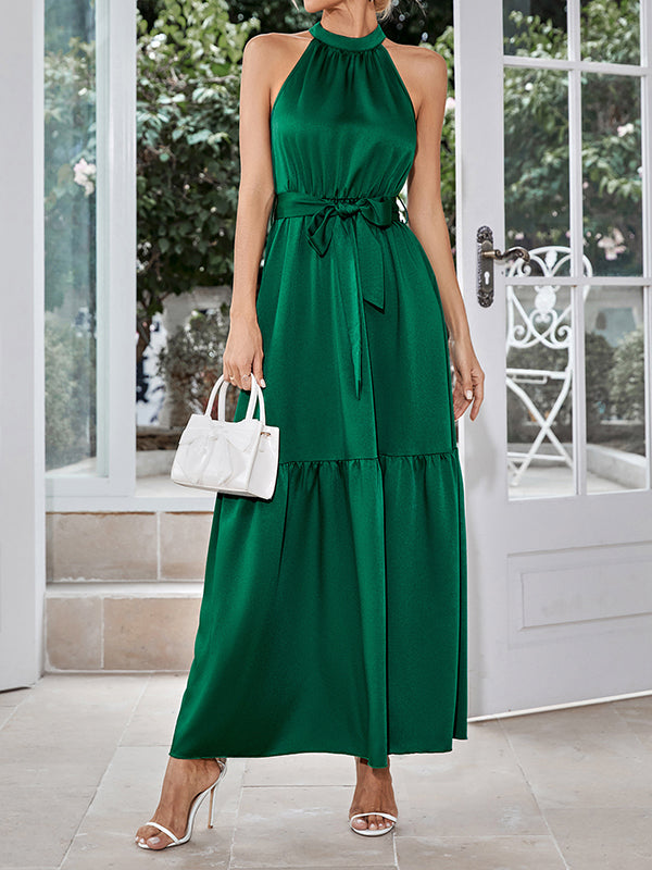 Pleated Ribbed Solid Color Sleeveless Halter-Neck Maxi Dresses