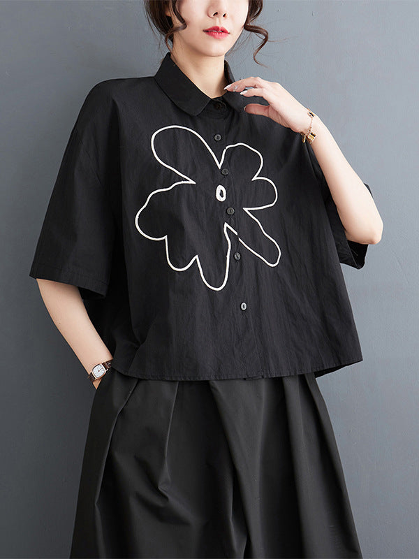 Floral Printed Loose Short Sleeves Lapel Blouses