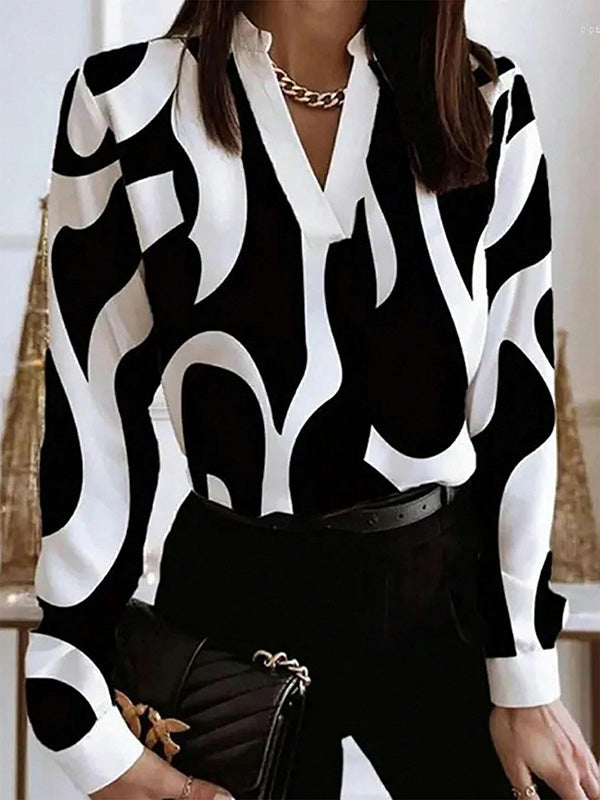 Printed Striped Long Sleeves Loose V-Neck Blouses&Shirts Tops