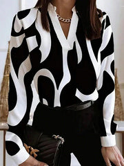 Printed Striped Long Sleeves Loose V-Neck Blouses&Shirts Tops