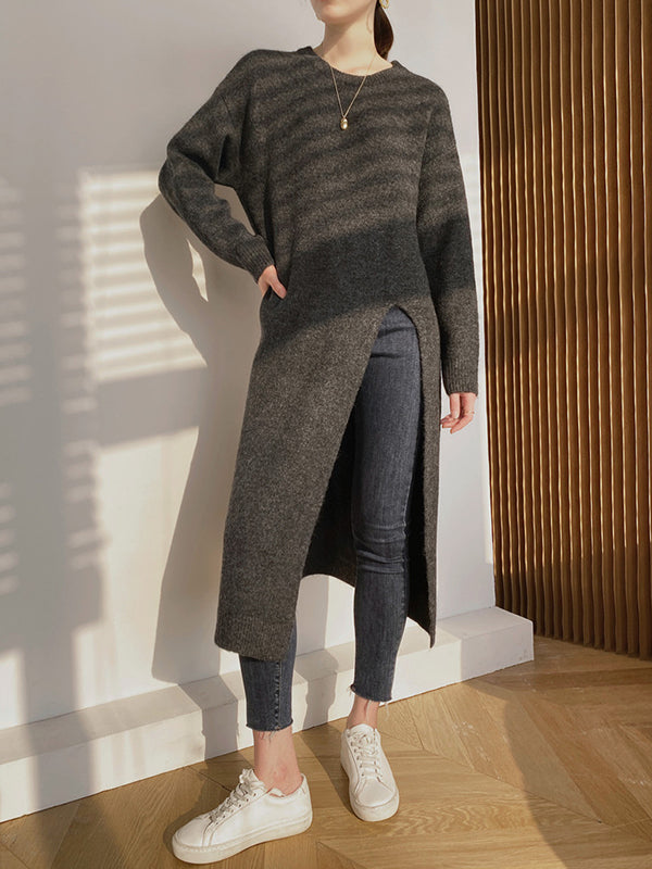 Loose Split-Side Solid Color Round-Neck Knitting Sweater Dresses