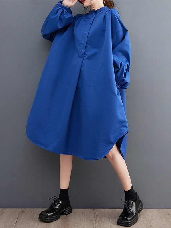 Loose Puff Sleeves Solid Color Stand Collar Midi Dresses