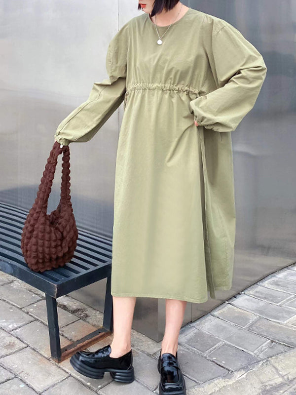 Elasticity Pleated Solid Color A-line Long Sleeves Round-neck Midi Dresses