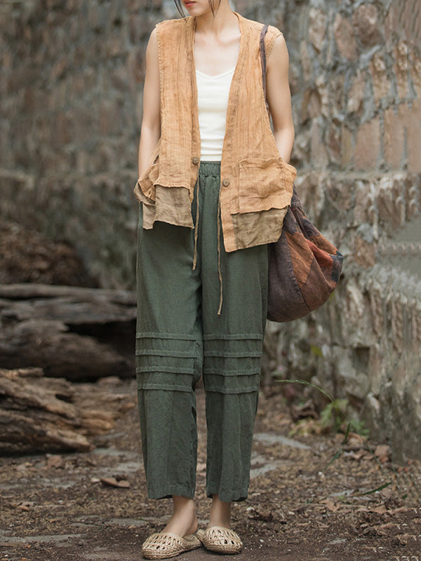 Pleated Solid Color Split-Joint High Waisted Loose Trousers Ninth Pants