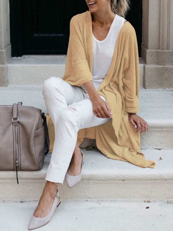 Solid Color Batwing Sleeves Loose Collarless Cardigan Tops