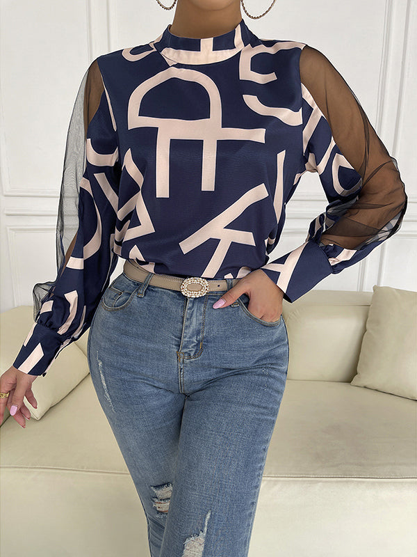 Buttoned Hollow Letter Print See-Through Split-Joint Long Sleeves Round-neck Shirts Tops Blouses&shirts Tops