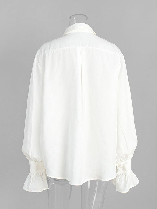 Pleated Solid Color Split-Joint Loose Puff Sleeves Lapel Blouses&shirts Tops