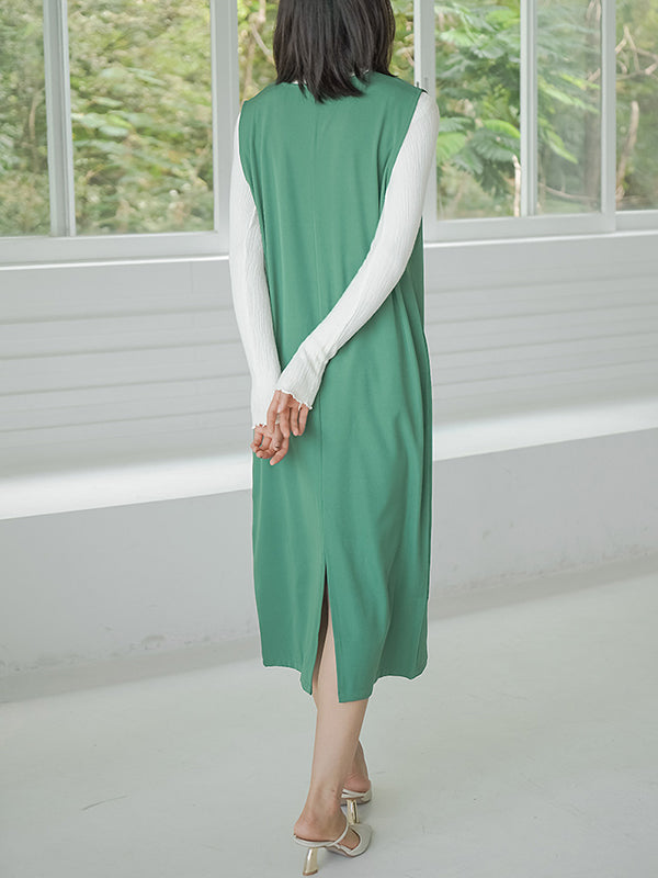 Casual A-Line Sleeveless Solid Color V-Neck Midi Dresses