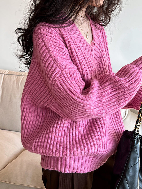 Hollow Solid Color Long Sleeves Loose V-Neck Sweater Tops Pullovers