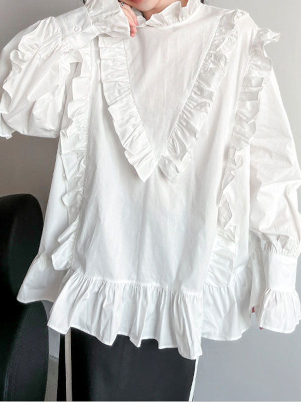 Buttoned Ruffled Solid Color Long Sleeves Loose Stand Collar Blouses&Shirts Tops