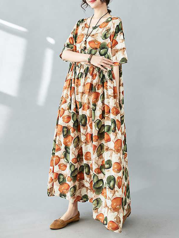 Pleated Printed Split-Joint Half Sleeves Loose Round-Neck Midi Dresses