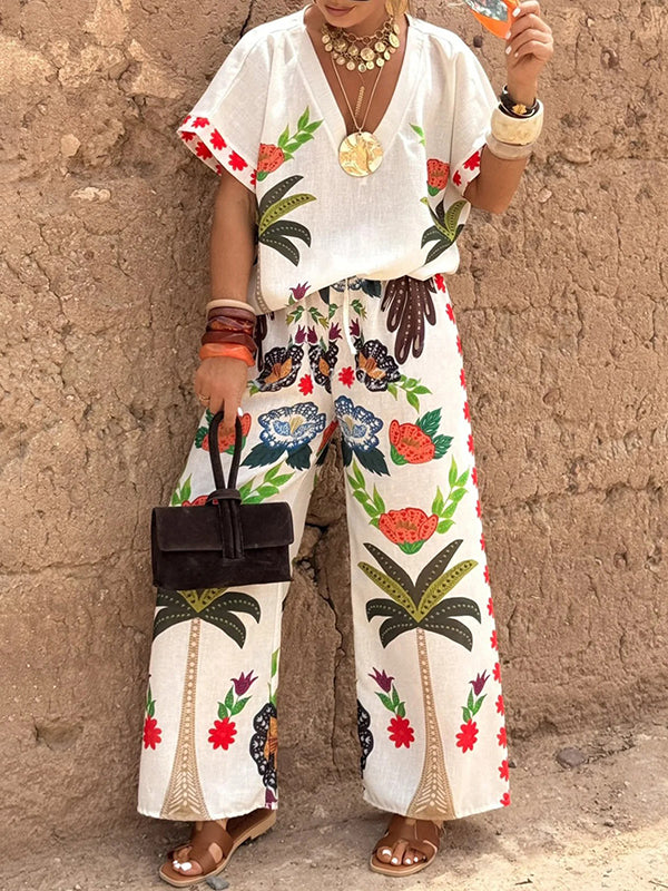 Printed Split-Joint Loose Raglan Sleeve V-neck Blouses&shirts Tops
