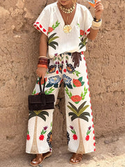 Printed Split-Joint Loose Raglan Sleeve V-neck Blouses&shirts Tops