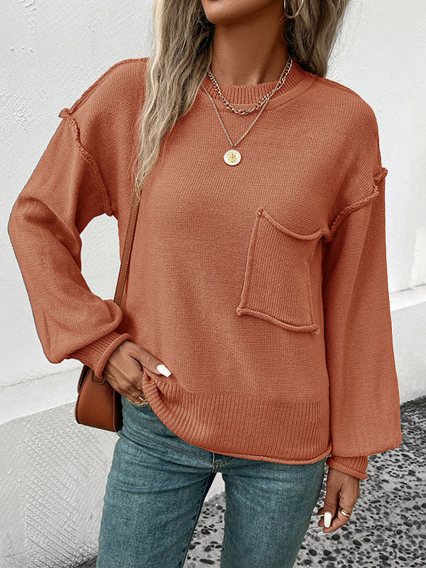 Pockets Solid Color Split-Joint Long Sleeves Loose Round-Neck Sweater Tops Pullovers