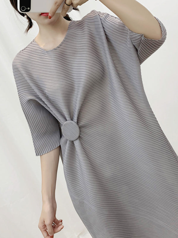 Pleated Solid Color Half Sleeves Irregular Clipping Round-Neck Midi Dresses