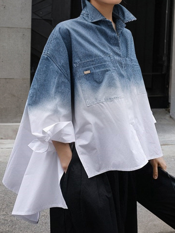 Gradient Printed Split-Joint Split-side High-low Loose Lapel Blouses&shirts Tops