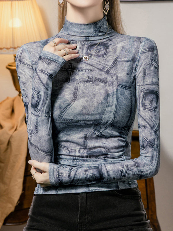Printed Long Sleeves Plus Size High Neck T-Shirts Tops